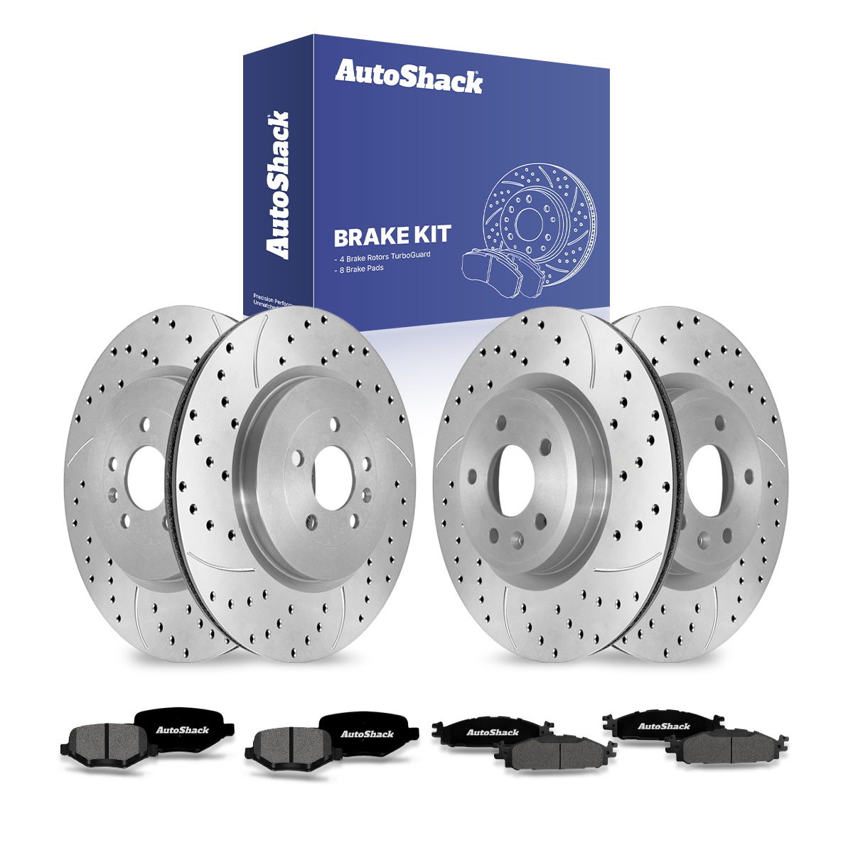 BRK030644787 - Front and Rear Drilled Disc Rotors Ceramic Brake Pads